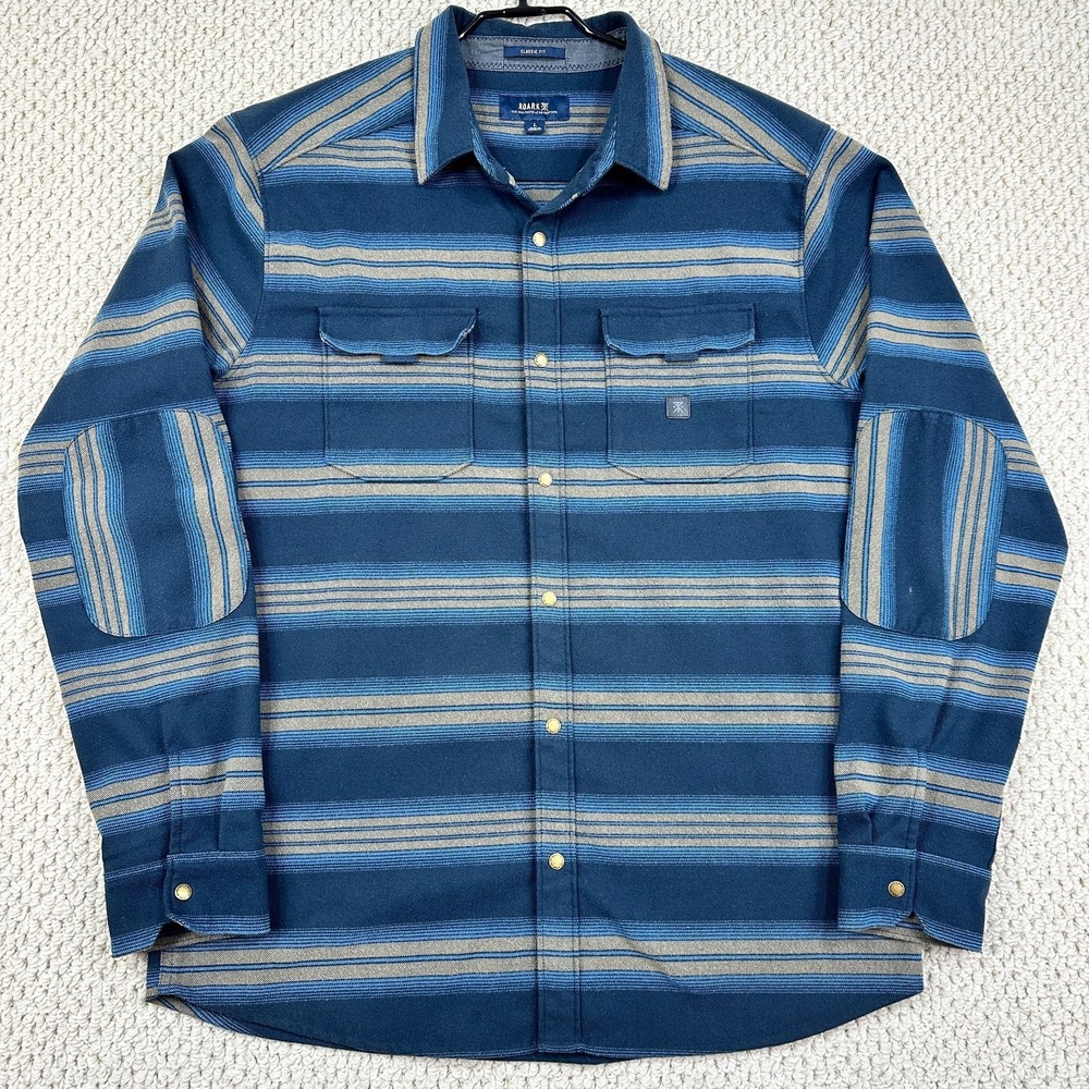 Roark Flannel Shirt Mens Large Navy Classic Fit Striped Snap Front Elbow Patches